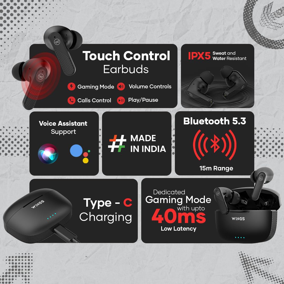 Wings Flobuds 400 Made In India High Fidelity Lifestyle Earbuds, Wireless Bluetooth 5.3, 50 Hrs Playtime With 10 Hrs Earbuds Playtime, Smart Enc, Low Latency 40Ms, Touch Controls - In Ear