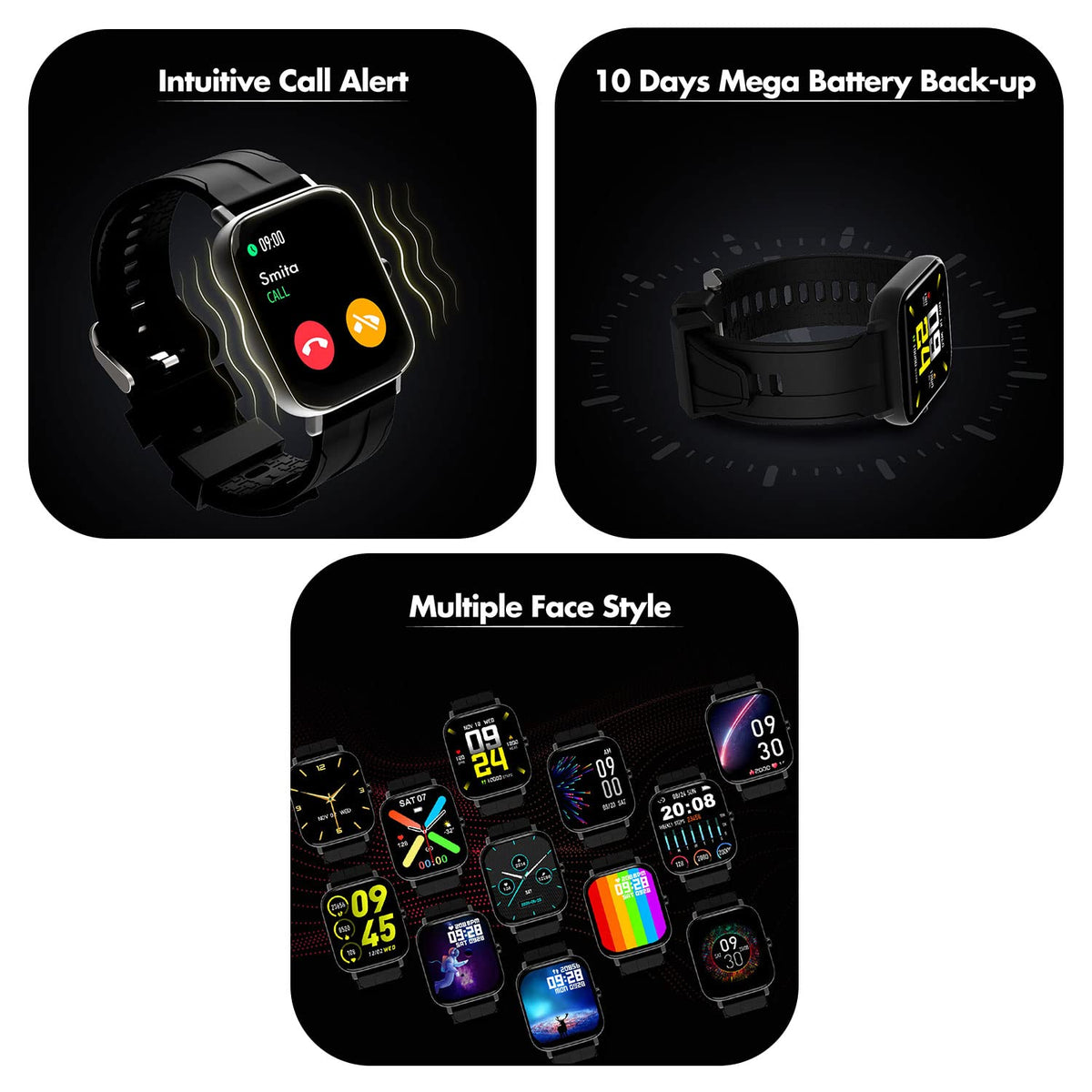 Wings Newly Launched Strive 100 Smart Watch with 10 Days Battery Life, 1.4 inches Full Touch IPS Screen, 24*7 Heart Rate Monitor, Sleep Monitoring Smart Watches & IP68 Waterproof Grey, Black, one Size