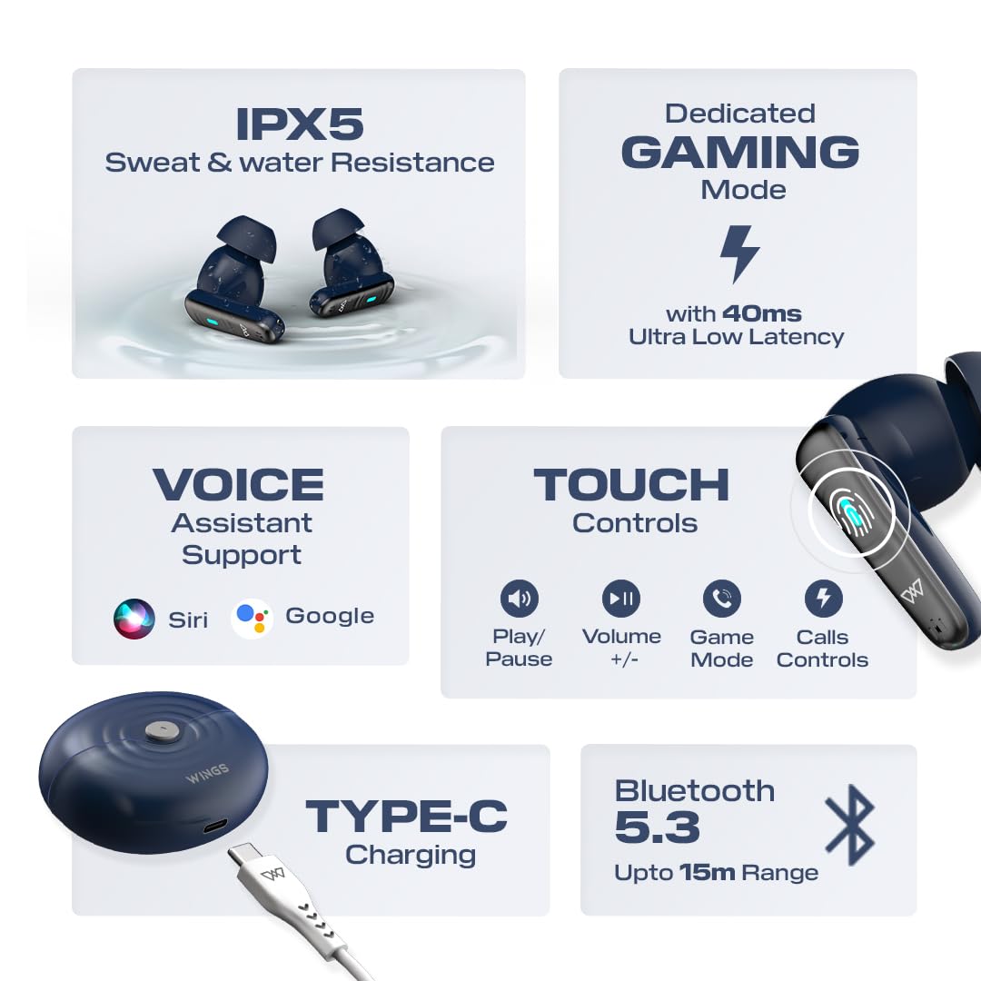 Wings Flobuds 200 Wireless in Ear Earbuds Transparent Case, 13mm Drivers, Smart ENC, 50 Hrs Total Playtime, Gaming Mode 40 ms Low Latency, Voice Assistant Support.