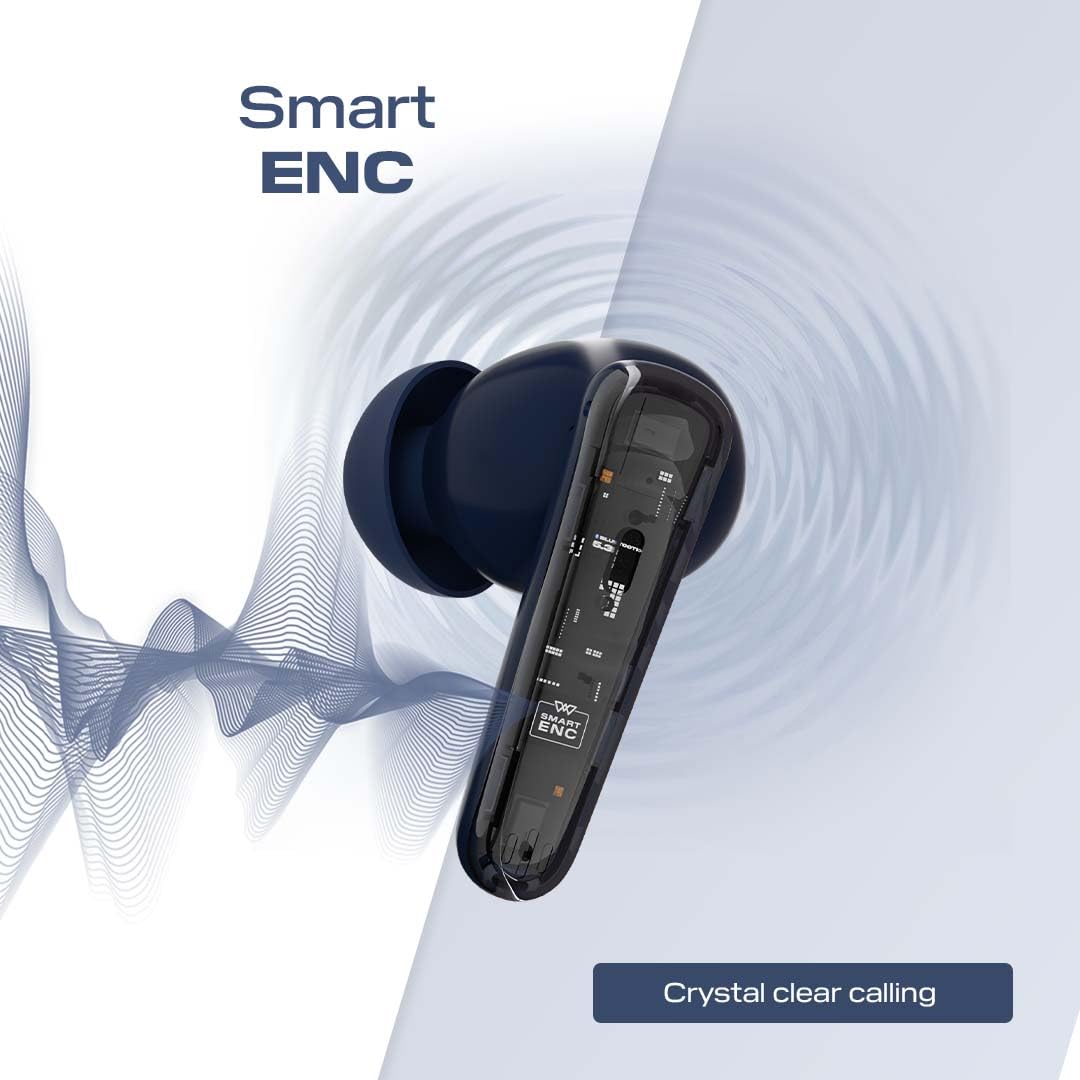 Wings Flobuds 200 Wireless in Ear Earbuds Transparent Case, 13mm Drivers, Smart ENC, 50 Hrs Total Playtime, Gaming Mode 40 ms Low Latency, Voice Assistant Support.