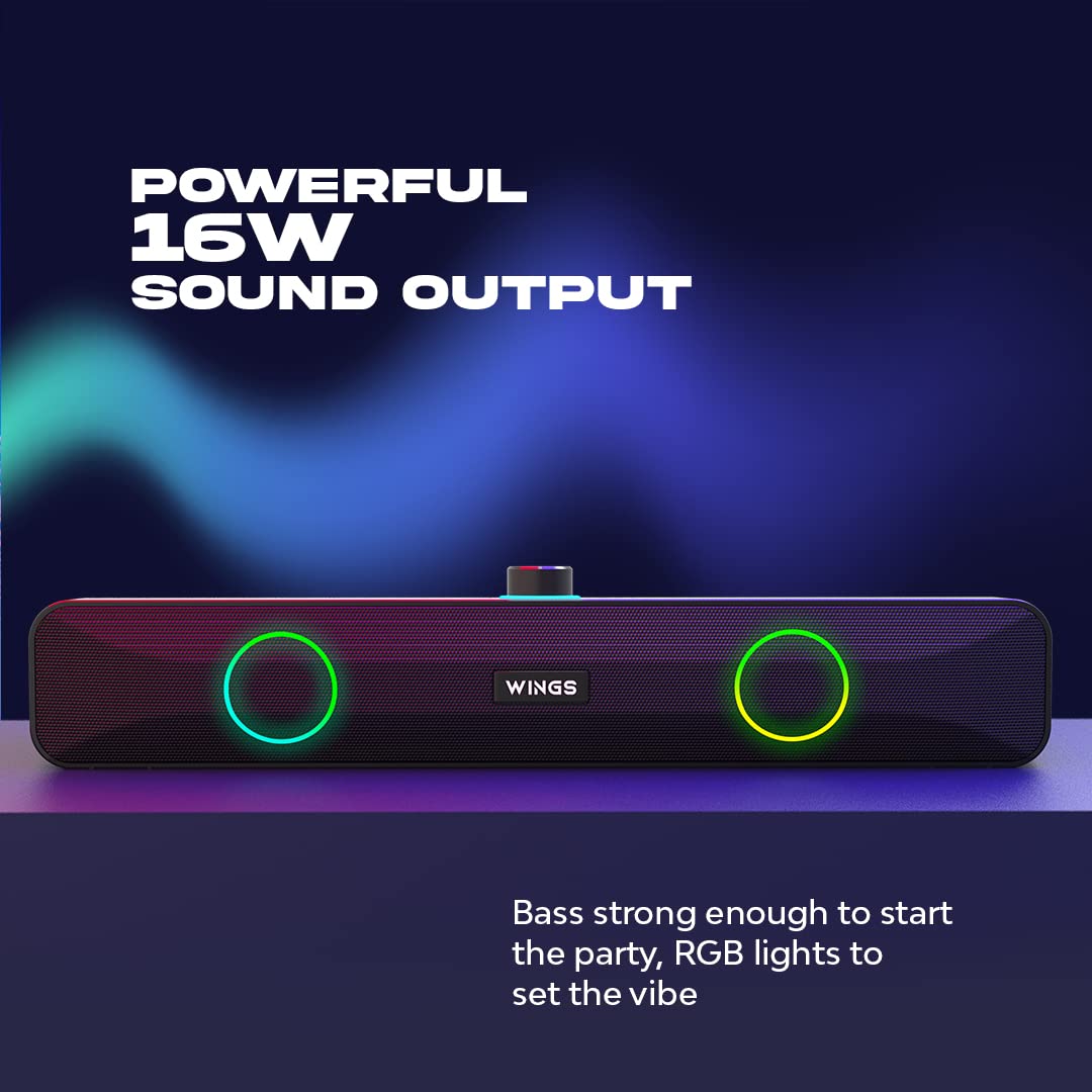 Wings Centerstage 200 True Wireless, Bluetooth 5.0 Soundbar with16 W Output, 2500 mAh Battery,6.5 Hours Playtime | Mini Wireless Bluetooth Speaker for Parties | Music System for Home with Mic