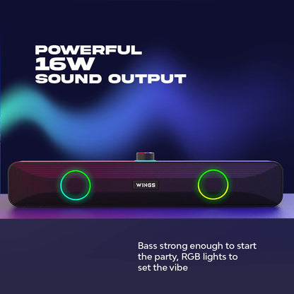 Wings Centerstage 200 True Wireless, Bluetooth 5.0 Soundbar with16 W Output, 2500 mAh Battery,6.5 Hours Playtime | Mini Wireless Bluetooth Speaker for Parties | Music System for Home with Mic