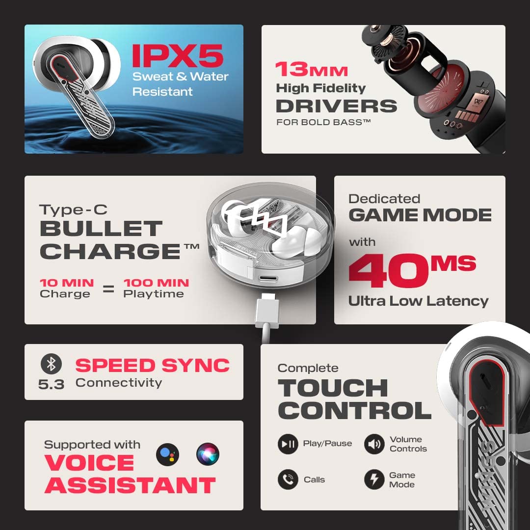 Wings Phantom 340 Best Low Latency 40Ms Earbuds,Sync App Support,Ergonomically Designed Case,50 Hours Playtime,Quad Enc Mic,Touch Controls.,in-ear,Wireless,White