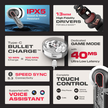 Wings Phantom 340 Best Low Latency 40Ms Earbuds,Sync App Support,Ergonomically Designed Case,50 Hours Playtime,Quad Enc Mic,Touch Controls.,in-ear,Wireless,White