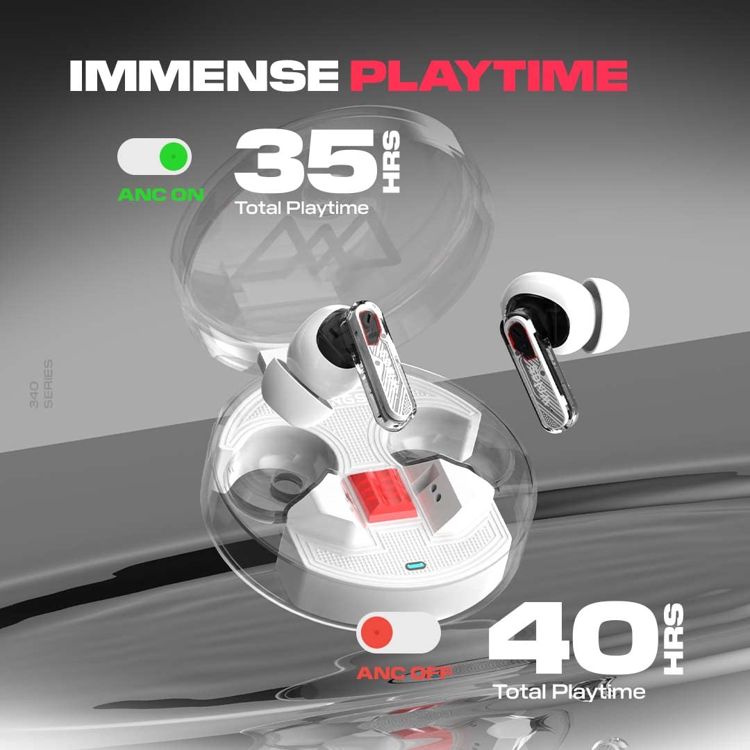 Wings Phantom 340 Best Low Latency 40Ms Earbuds,Sync App Support,Ergonomically Designed Case,50 Hours Playtime,Quad Enc Mic,Touch Controls.,in-ear,Wireless,White