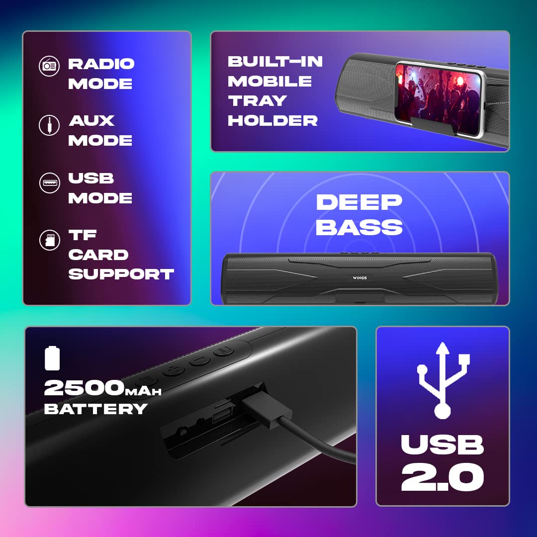 Wings Centerstage 200 True Wireless, Bluetooth 5.0 Soundbar with16 W Output, 2500 mAh Battery,6.5 Hours Playtime | Mini Wireless Bluetooth Speaker for Parties | Music System for Home with Mic