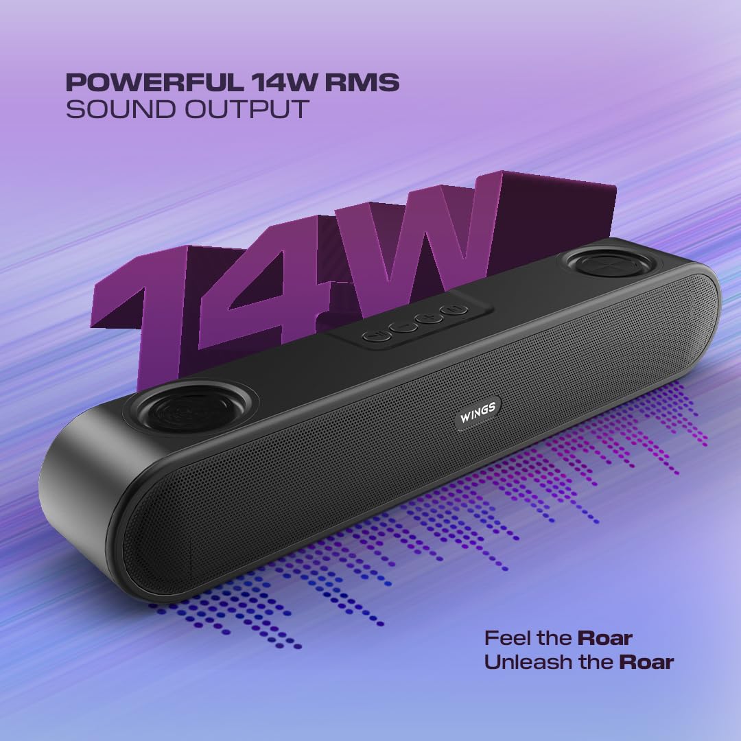 Wings Thunderbar 310 Mini Soundbar with 14W Sound Output, Dual Passive Radiators, Bluetooth 5.1, Soundbars for TV, PC, Mobile