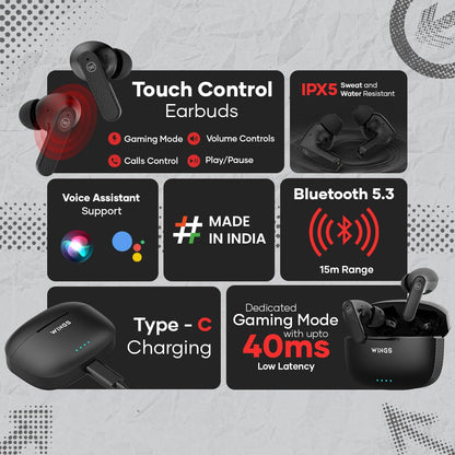Wings Flobuds 400 Made In India High Fidelity Lifestyle Earbuds, Wireless Bluetooth 5.3, 50 Hrs Playtime With 10 Hrs Earbuds Playtime, Smart Enc, Low Latency 40Ms, Touch Controls - In Ear