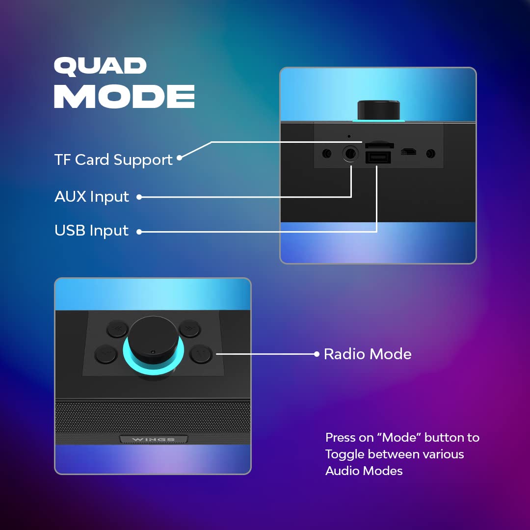 Wings Centerstage 200 True Wireless, Bluetooth 5.0 Soundbar with16 W Output, 2500 mAh Battery,6.5 Hours Playtime | Mini Wireless Bluetooth Speaker for Parties | Music System for Home with Mic