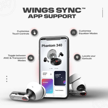 Wings Phantom 340 Best Low Latency 40Ms Earbuds,Sync App Support,Ergonomically Designed Case,50 Hours Playtime,Quad Enc Mic,Touch Controls.,in-ear,Wireless,White