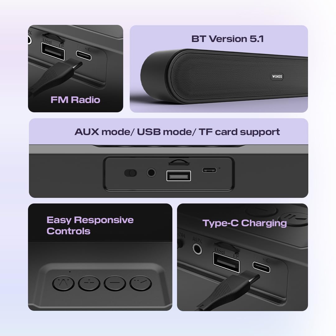 Wings Thunderbar 310 Mini Soundbar with 14W Sound Output, Dual Passive Radiators, Bluetooth 5.1, Soundbars for TV, PC, Mobile