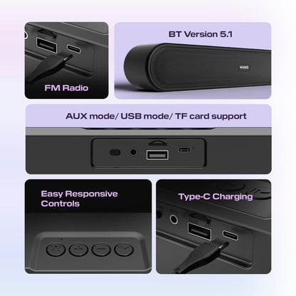 Wings Thunderbar 310 Mini Soundbar with 14W Sound Output, Dual Passive Radiators, Bluetooth 5.1, Soundbars for TV, PC, Mobile