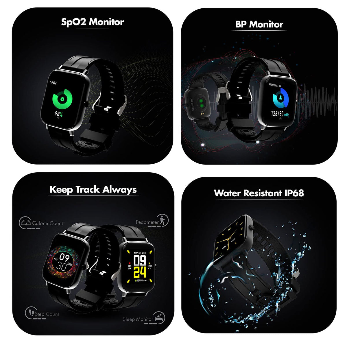 Wings Newly Launched Strive 100 Smart Watch with 10 Days Battery Life, 1.4 inches Full Touch IPS Screen, 24*7 Heart Rate Monitor, Sleep Monitoring Smart Watches & IP68 Waterproof Grey, Black, one Size