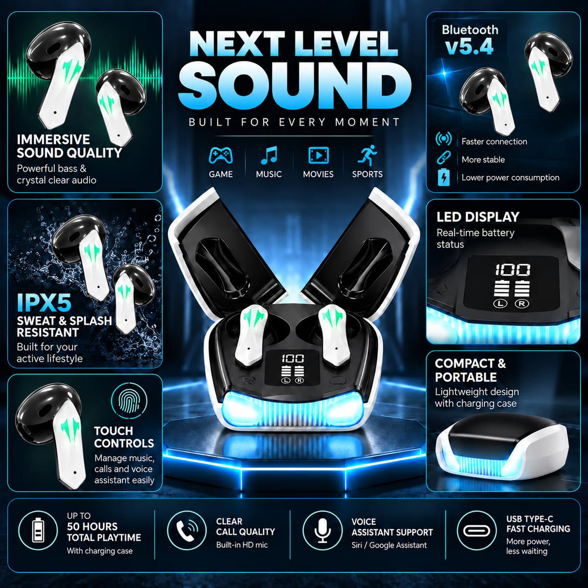 KS35 Wing TWS Earbuds | 50 Hrs of Playtime | Bluetooth v5.4 with AI-ENC | 45ms Low Latency Gaming Buds (White)