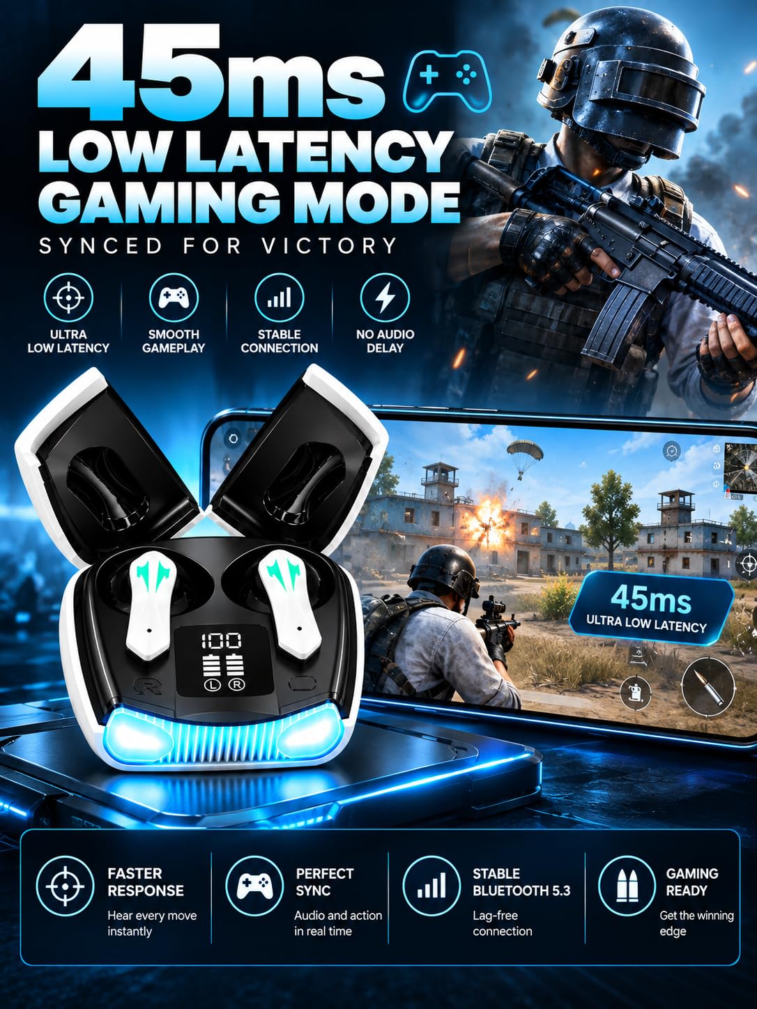 KS35 Wing TWS Earbuds | 50 Hrs of Playtime | Bluetooth v5.4 with AI-ENC | 45ms Low Latency Gaming Buds (White)